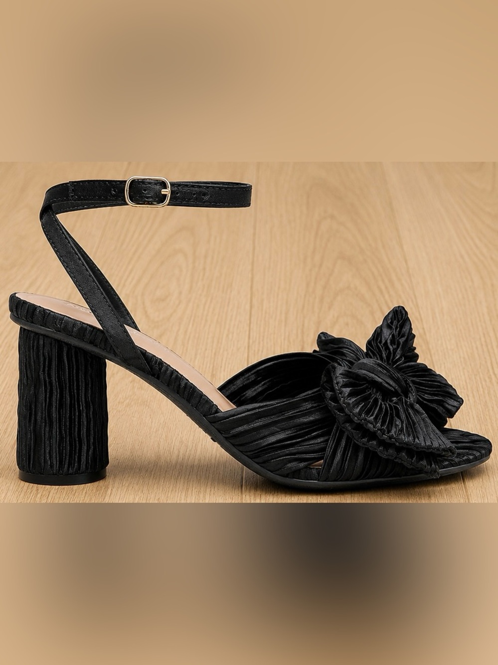 Black Pleated Bow Block Heel Sandals Size 6 | Ankle Strap Dress Shoes - Picture 3 of 7